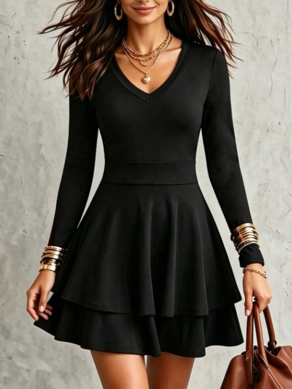 V-Neck Long Sleeve Layered Ruffle Mini Dress